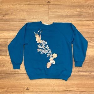 Vintage Teal Seashell Coral Crewneck Sweatshirt Glitter Puff Paint Raglan Cut